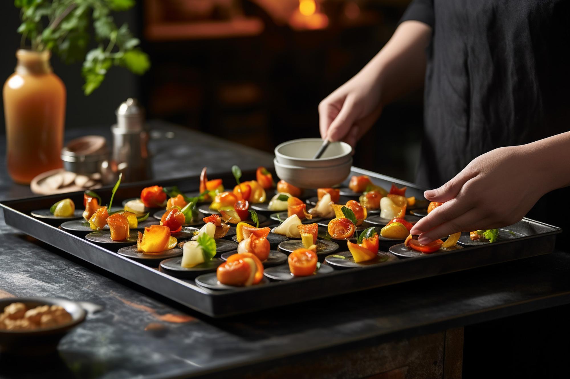 Chef arranging canapés on slate